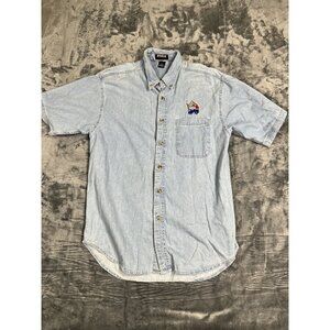 Mens UltraClub Denim Button-Up Shirt Pirate Skeleton Embroidery Medium